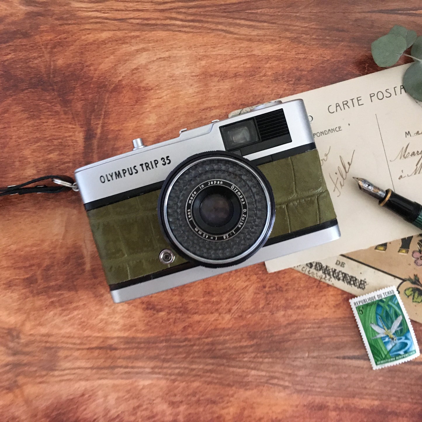 Olympus TRIP35 with crocodile stamped matcha green leather