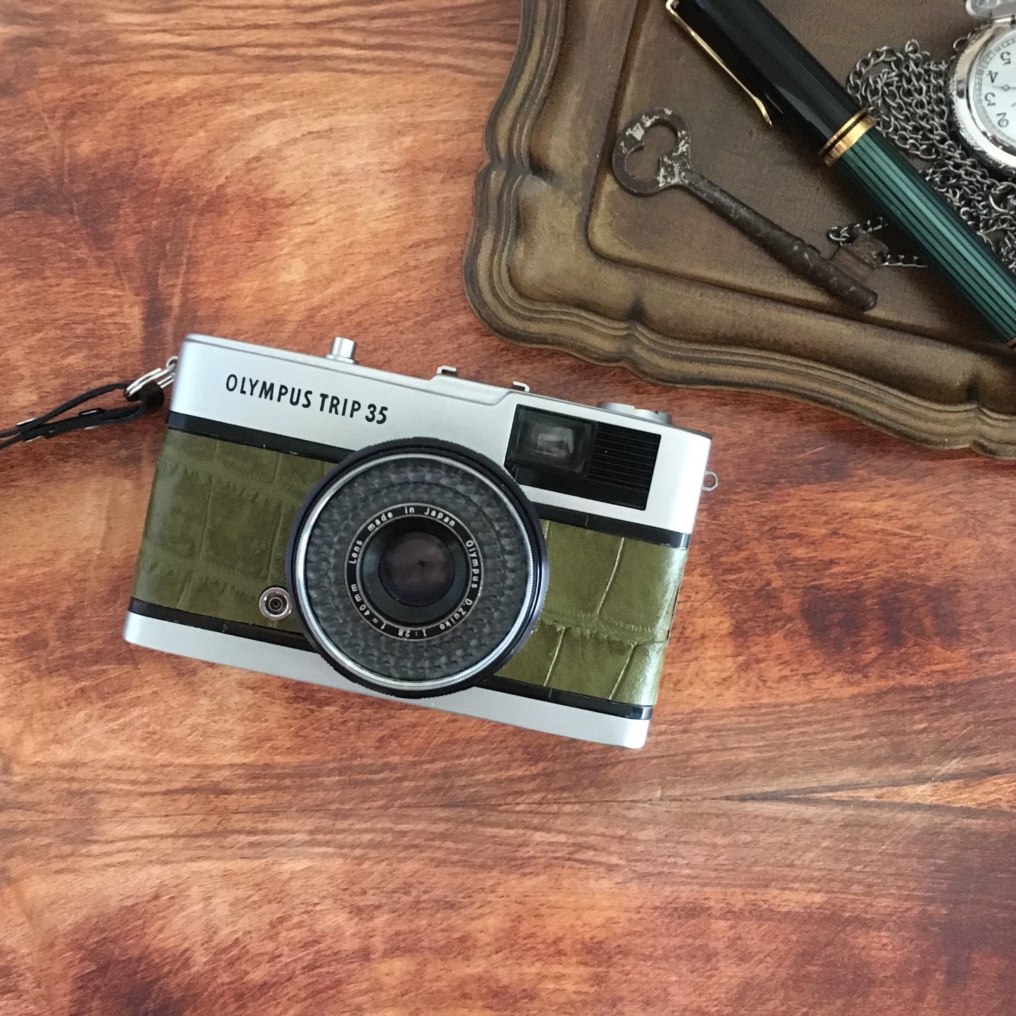 Olympus TRIP35  with crocodile stamped matcha green leather