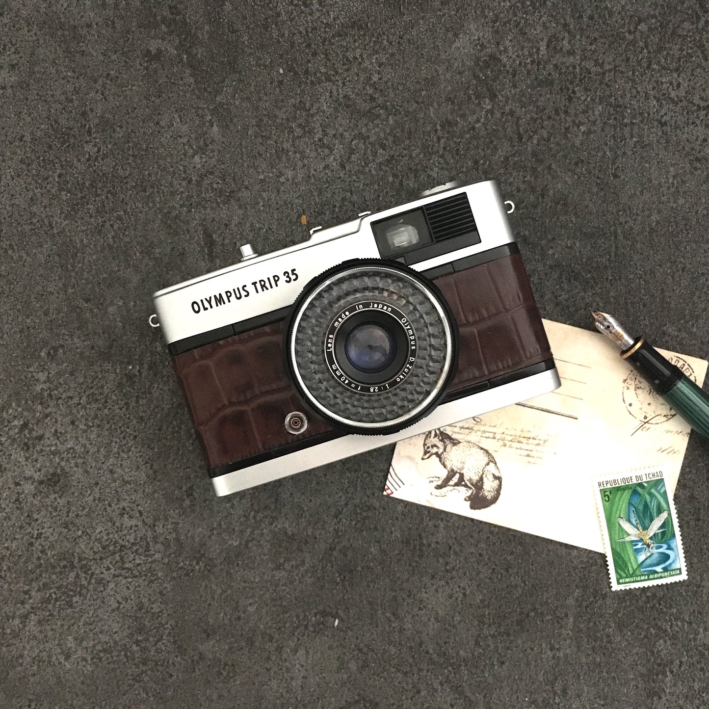 Olympus TRIP35  with crocodile stamped brown leather