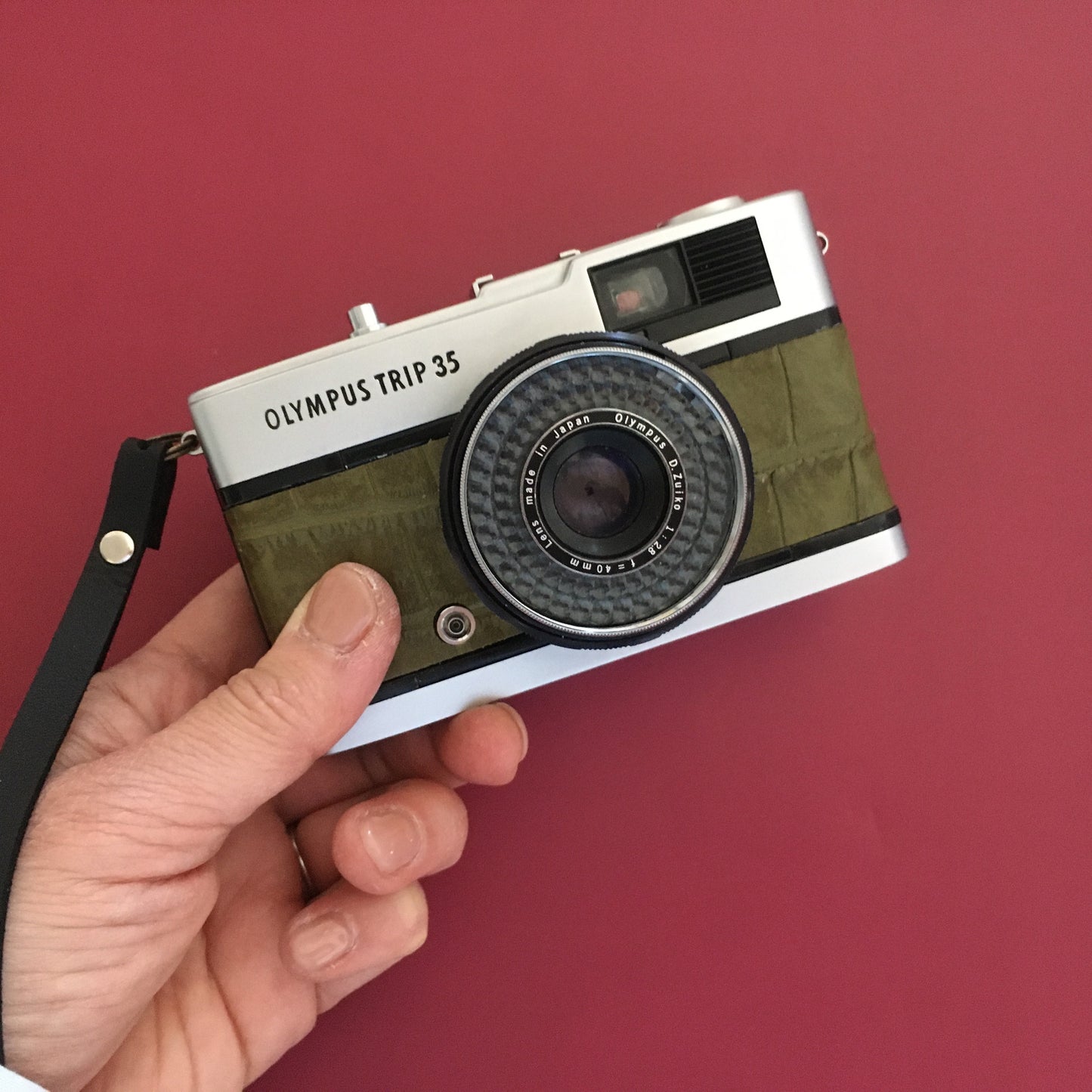 Olympus TRIP35  with crocodile stamped matcha green leather