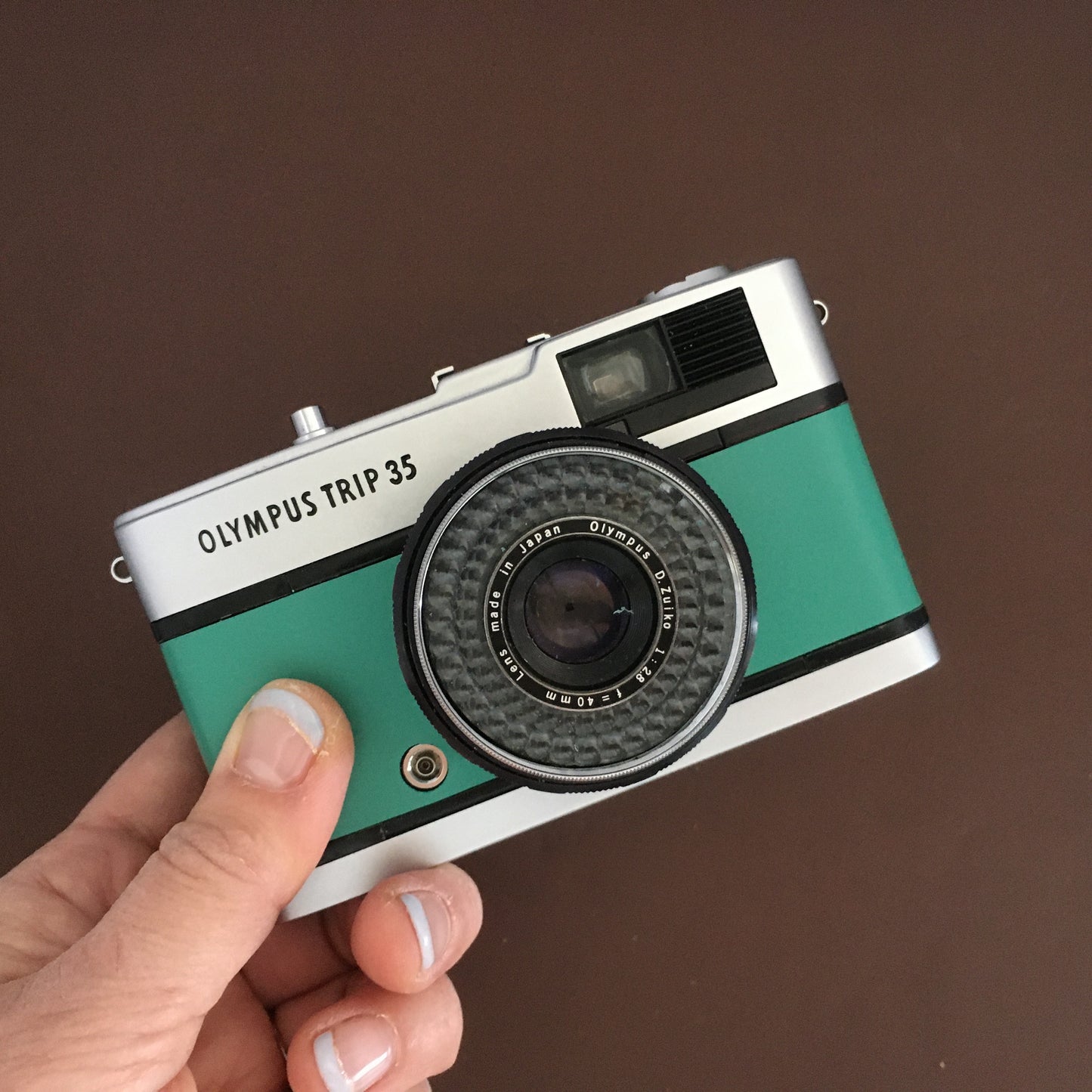 Olympus TRIP35 with jade green smooth leather