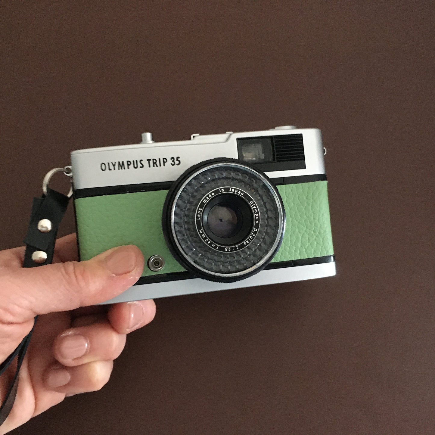 Olympus TRIP35  with wasabi green shrink leather