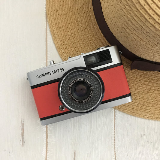 Olympus TRIP35  with vermillion pink leather